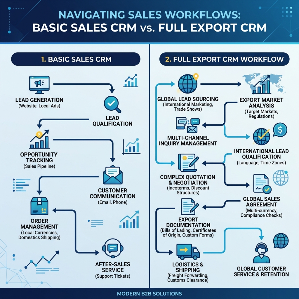 Side-by-side comparison of a generic sales CRM and an export CRM showing the production and documentation gap