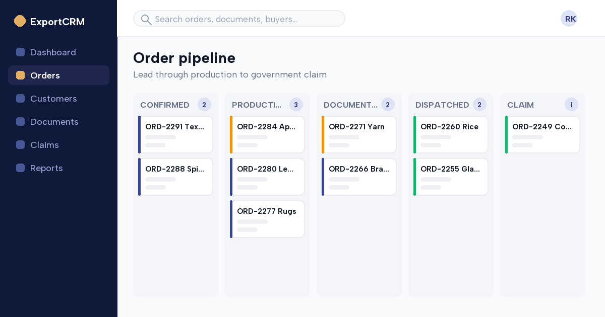 ExportCRM order workflow from lead through 12 production stages to government claim