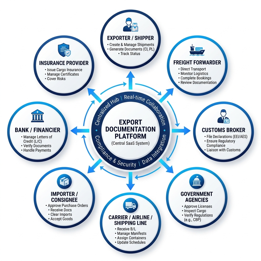 Organisational diagram showing the export documentation desk and its four upstream data handoffs
