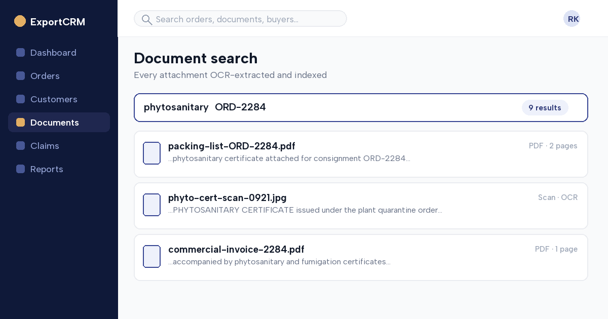 OCR search bar in ExportCRM finding a clause inside a scanned export document