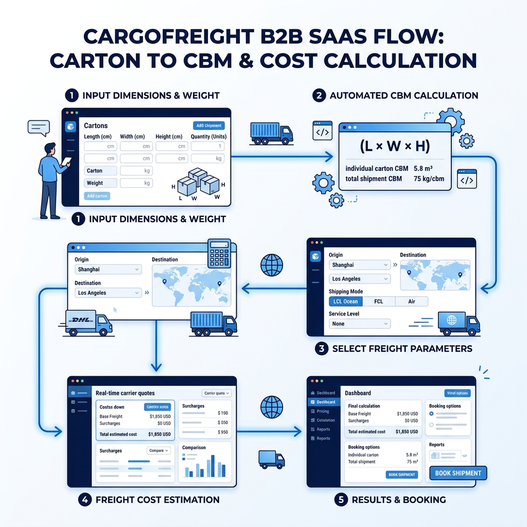 Diagram showing how carton dimensions convert into consignment CBM and then into a freight cost