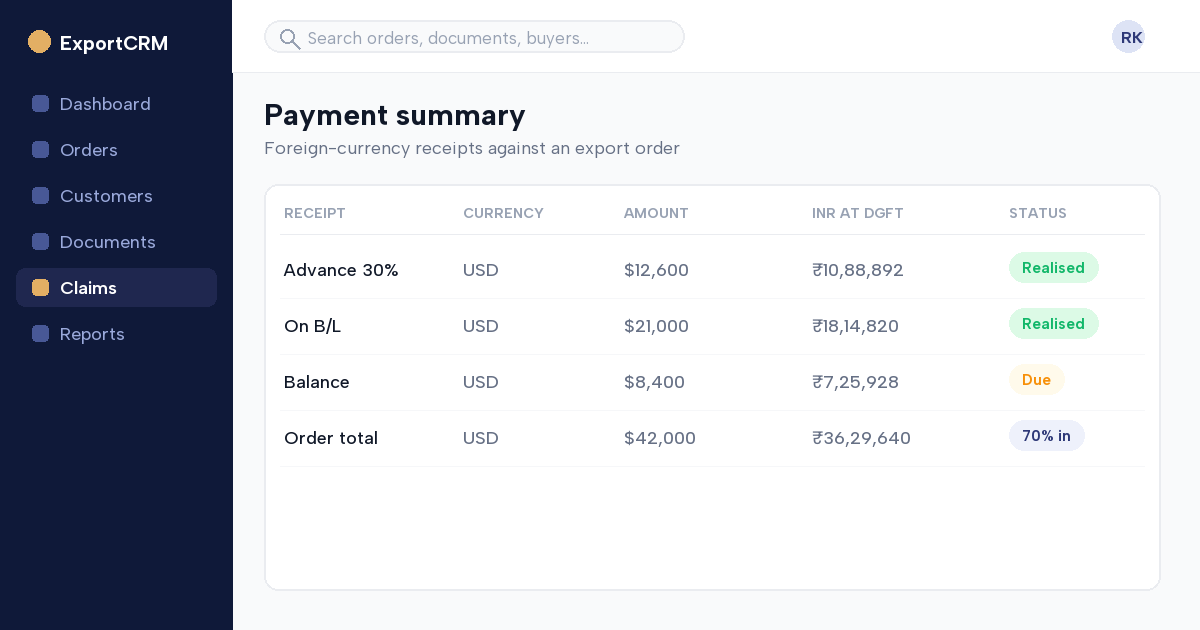 Payment summary showing foreign-currency receipts against an export order