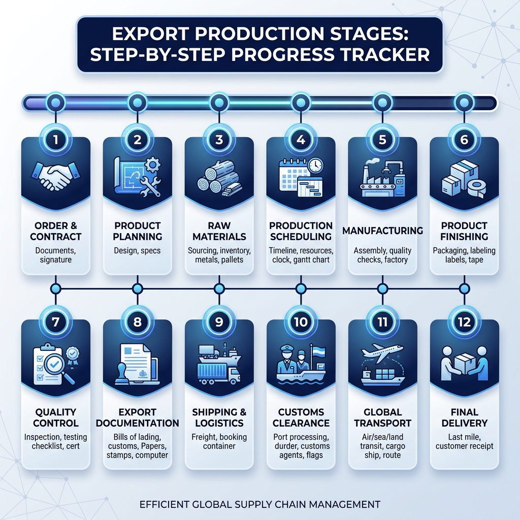 12-stage export production pipeline from order confirmed to delivered shown as a progress tracker
