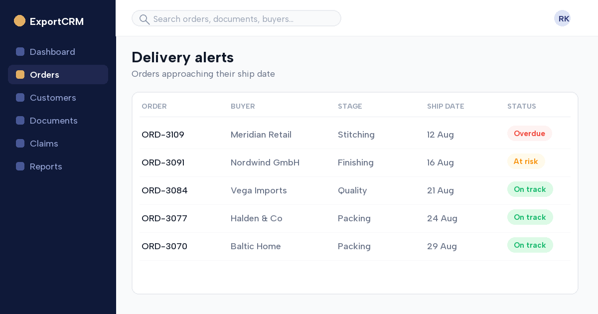 Delivery deadline alert in ExportCRM warning of an approaching ship date