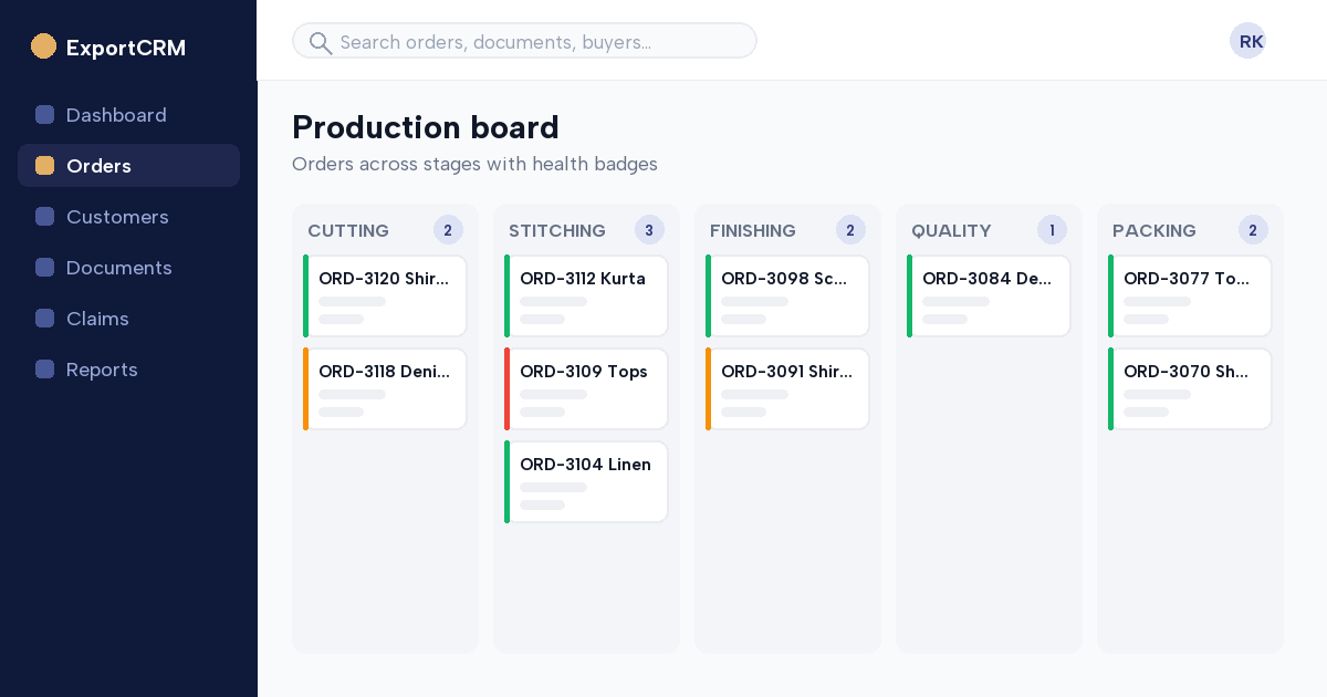 ExportCRM order board showing orders distributed across production stages with health badges