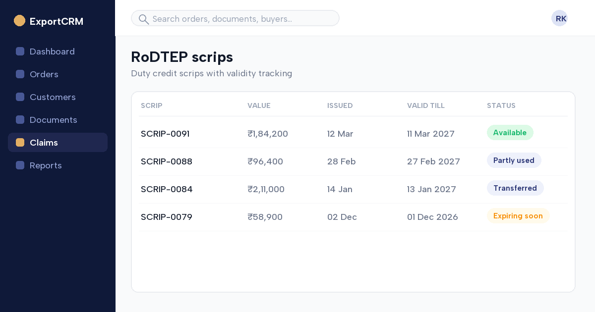 RoDTEP transferable duty credit scrip register with validity tracking — ExportCRM