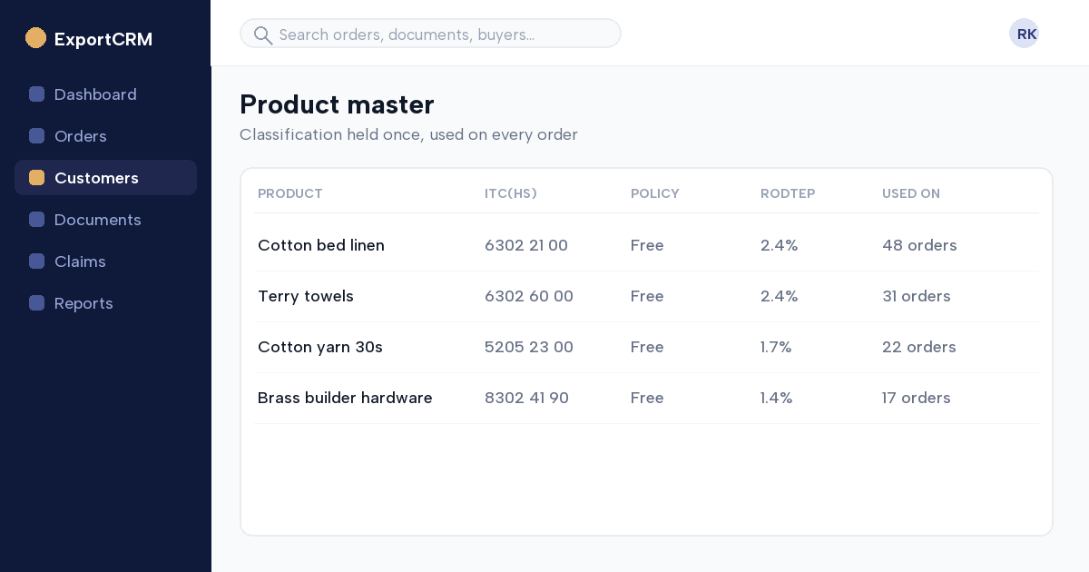 Product record holding HS code and description used across every order — ExportCRM