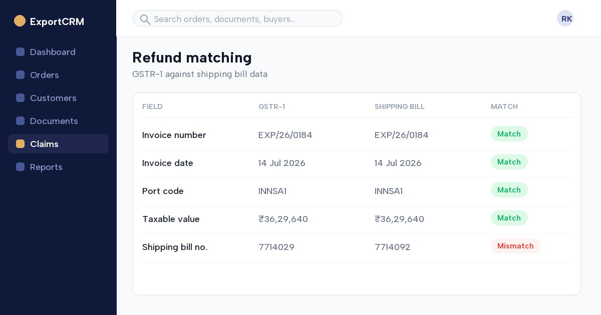 GSTR-1 to shipping bill matching for IGST refund release — ExportCRM