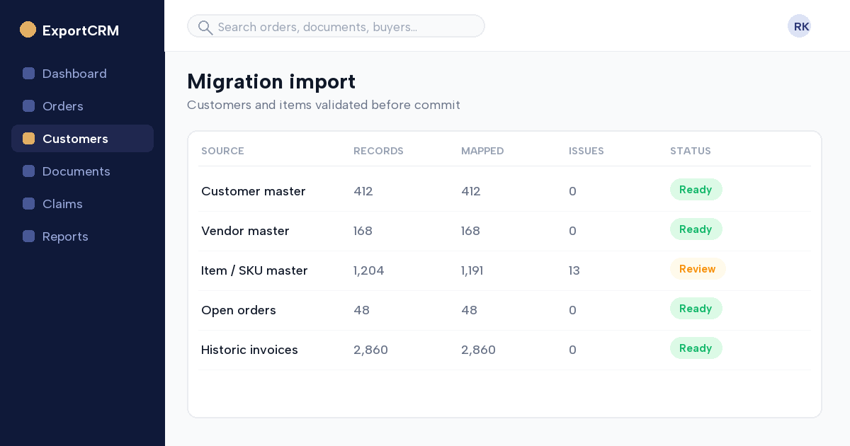 Excel import with validation for migrating customers and items to an export ERP — ExportCRM