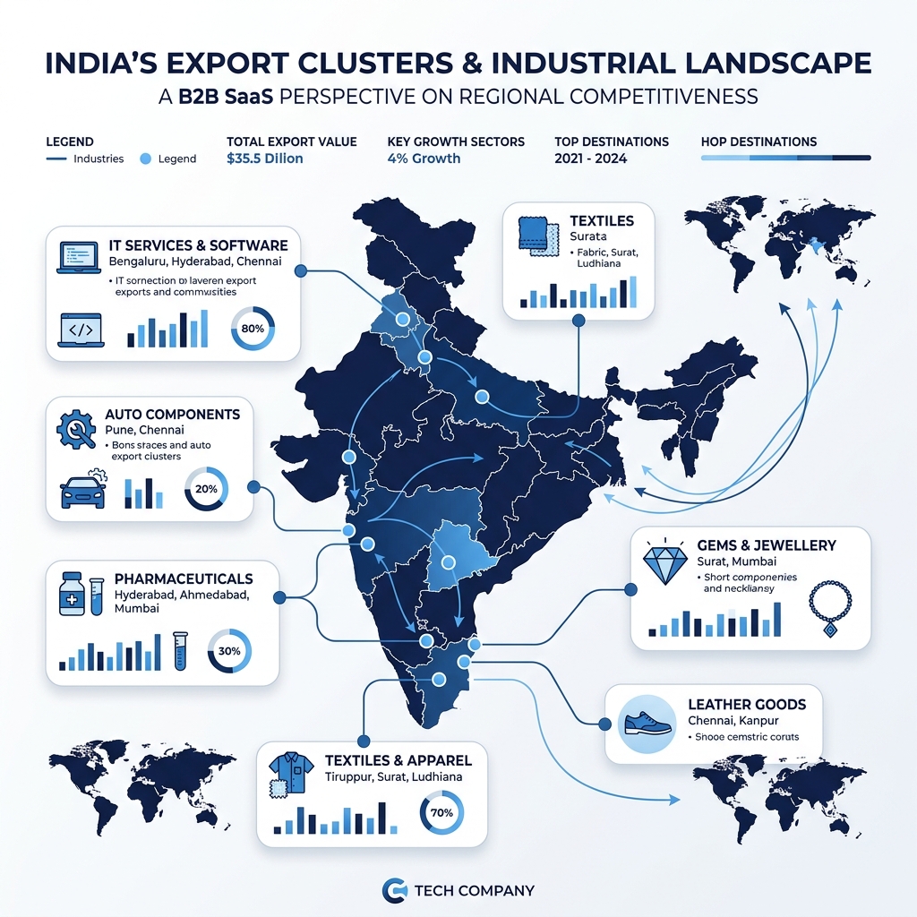 Map-style illustration of India's 48 export clusters grouped by product line, from Tiruppur knitwear to Bhimavaram shrimp